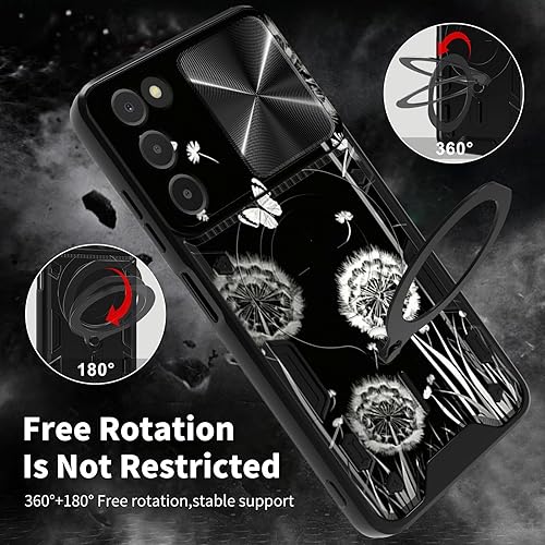 Vista 327 de Funda para Samsung Galaxy A13 5G con cubierta deslizante para lente de cámara y anillo giratorio de 360 grados, soporte híbrido de doble capa Flores
