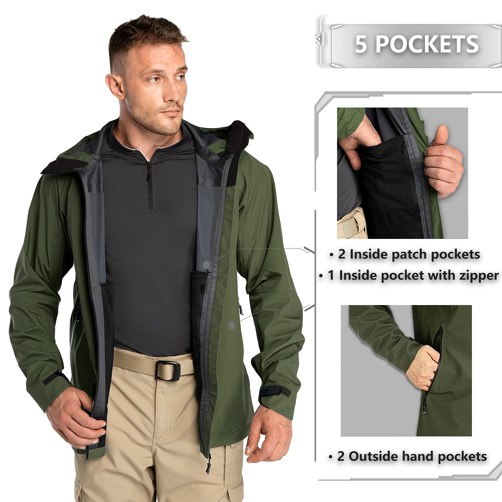 33,000ft Kurtka przeciwdeszczowa, męska, wodoszczelna, wiatroszczelna, oddychająca kurtka softshell z kapturem, na wędrówki, kemping