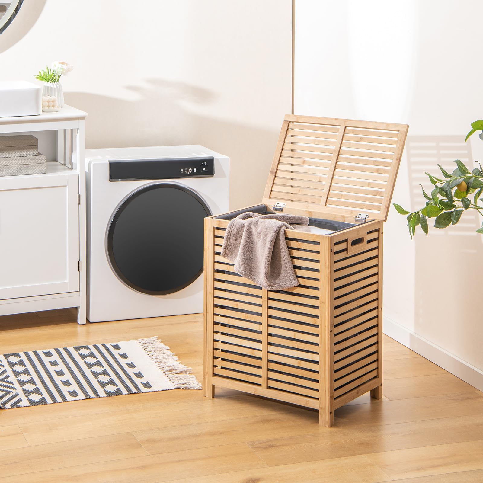 FANTASK Cesto portabiancheria con coperchio, grande, 80 l, in bambù, con sacco per la biancheria, rimovibile e lavabile, per bagno, camera da letto, soggiorno