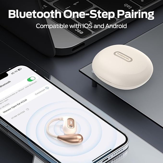 Monster Open Ear AC210 Headphones, Bluetooth 5.4 Earphones Stereo Sound, Wireless Headphones 30 Hours Playback, Type-C Charging, IPX5 Waterproof Open Ear Earbuds,White