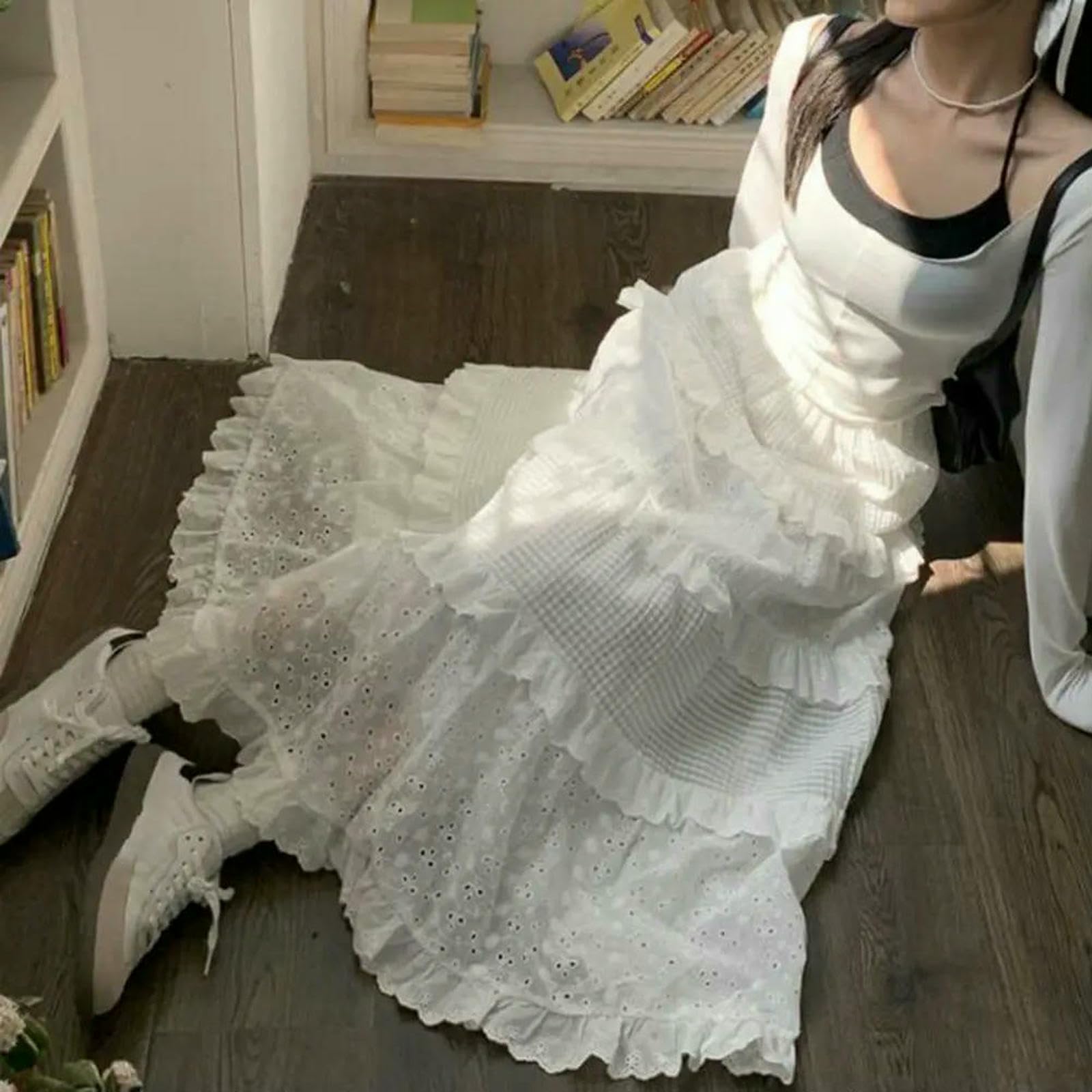 Gonna Lunga Donna Midi di Tulle Gallo all'Uncinetto Cavo Ranorbimento da A Una Galla Elastica in Vita Alta Femmina Piegata Bianca-Bianco-m