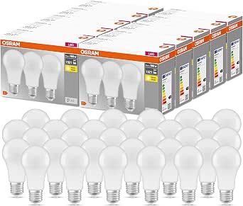 Osram LED Base Classic A, in Bulb Shape with E27 Socket, Not Dimmable, Replaces 100 Watt, Matt, Warm White – 2700 Kelvin, 10 x Pack of 3