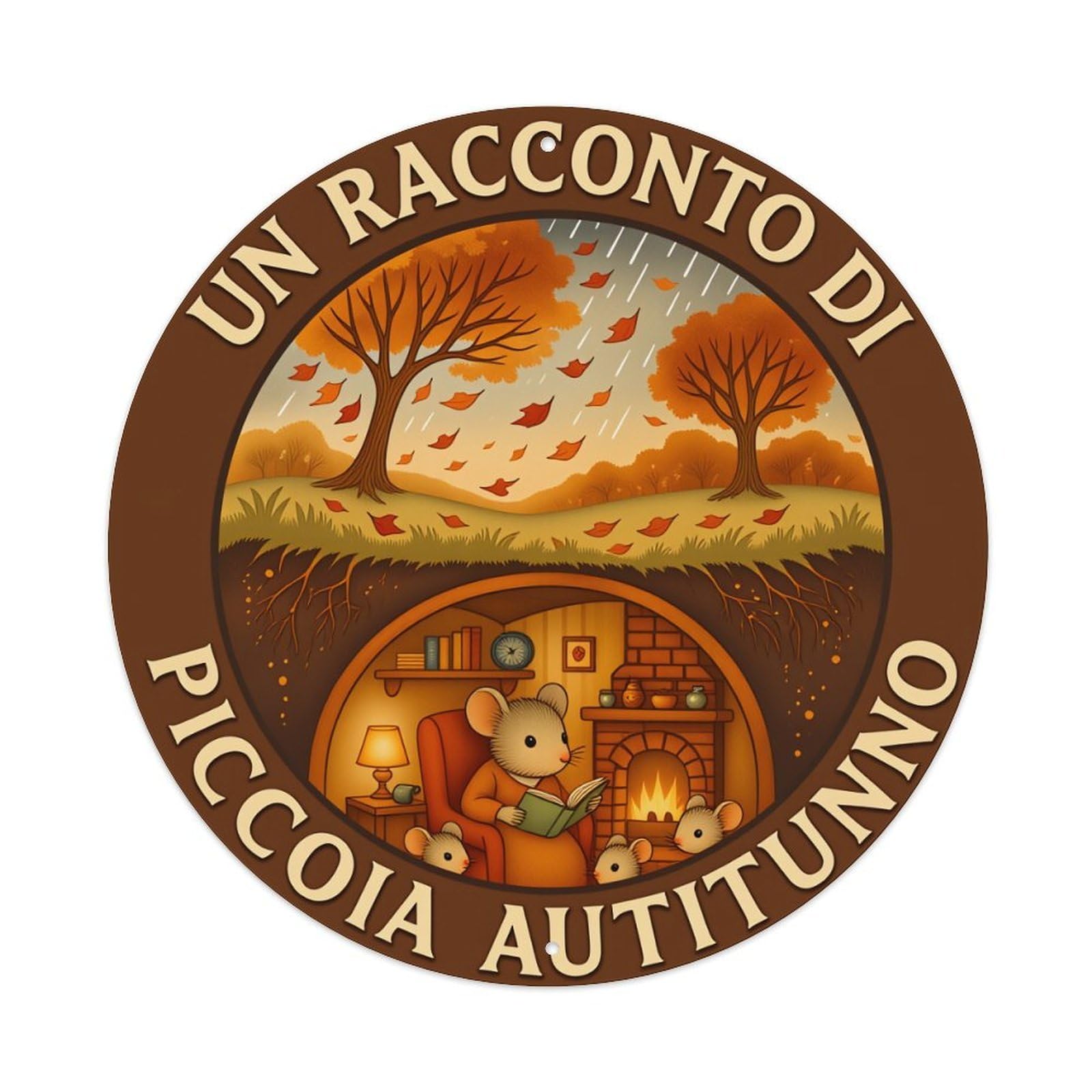 Autumn Scene Mouse Reading Fireplace Trees Round Tin Sign Vintage Style Metal Sign Home Bar Garden Wall Plaque Decor Metal Poster 8x8 Inch