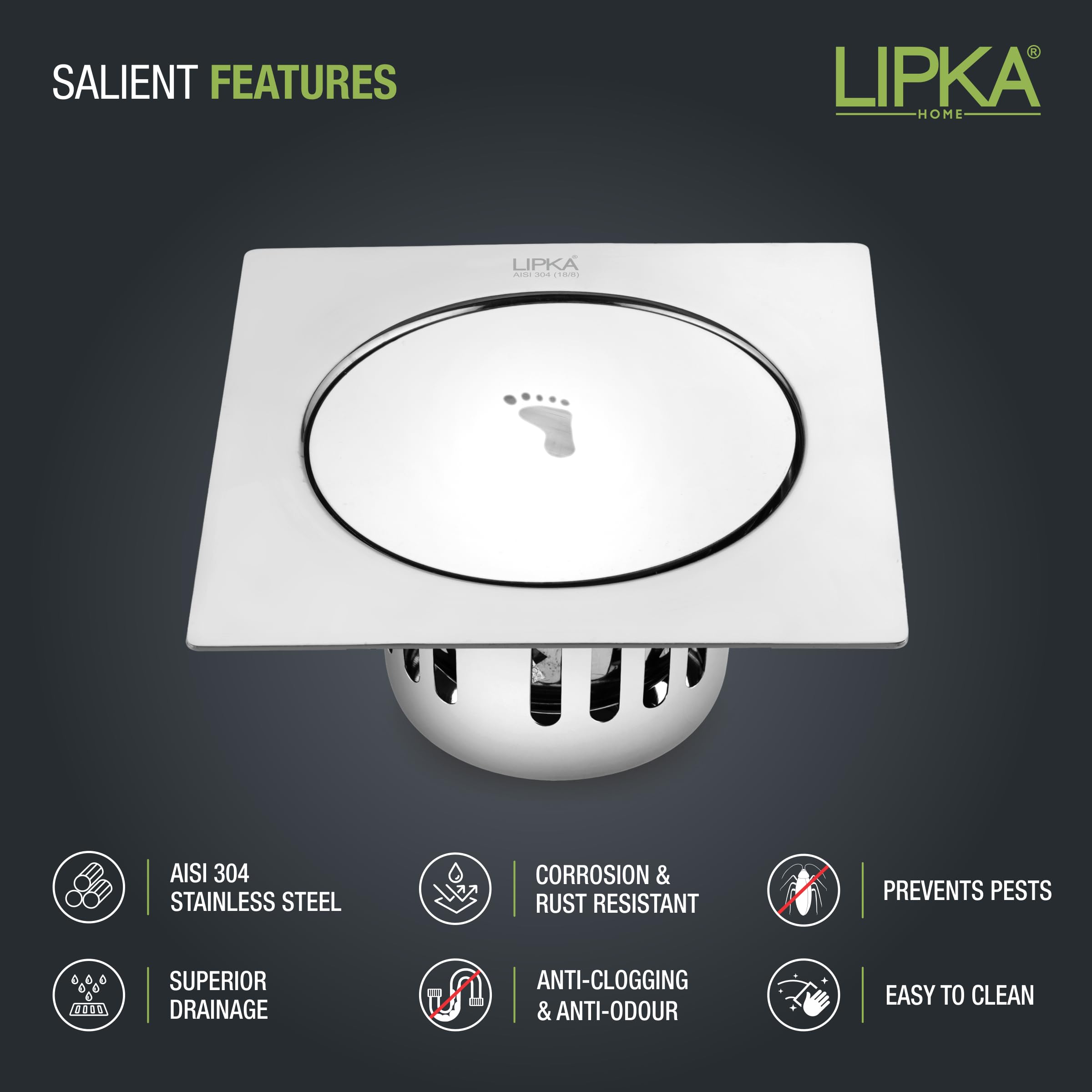 LIPKA Square Pop-up Floor Drain |304-Grade Stainless Steel |6x6 Inches| with Cockroach Trap/Jali | — Amazon image 3