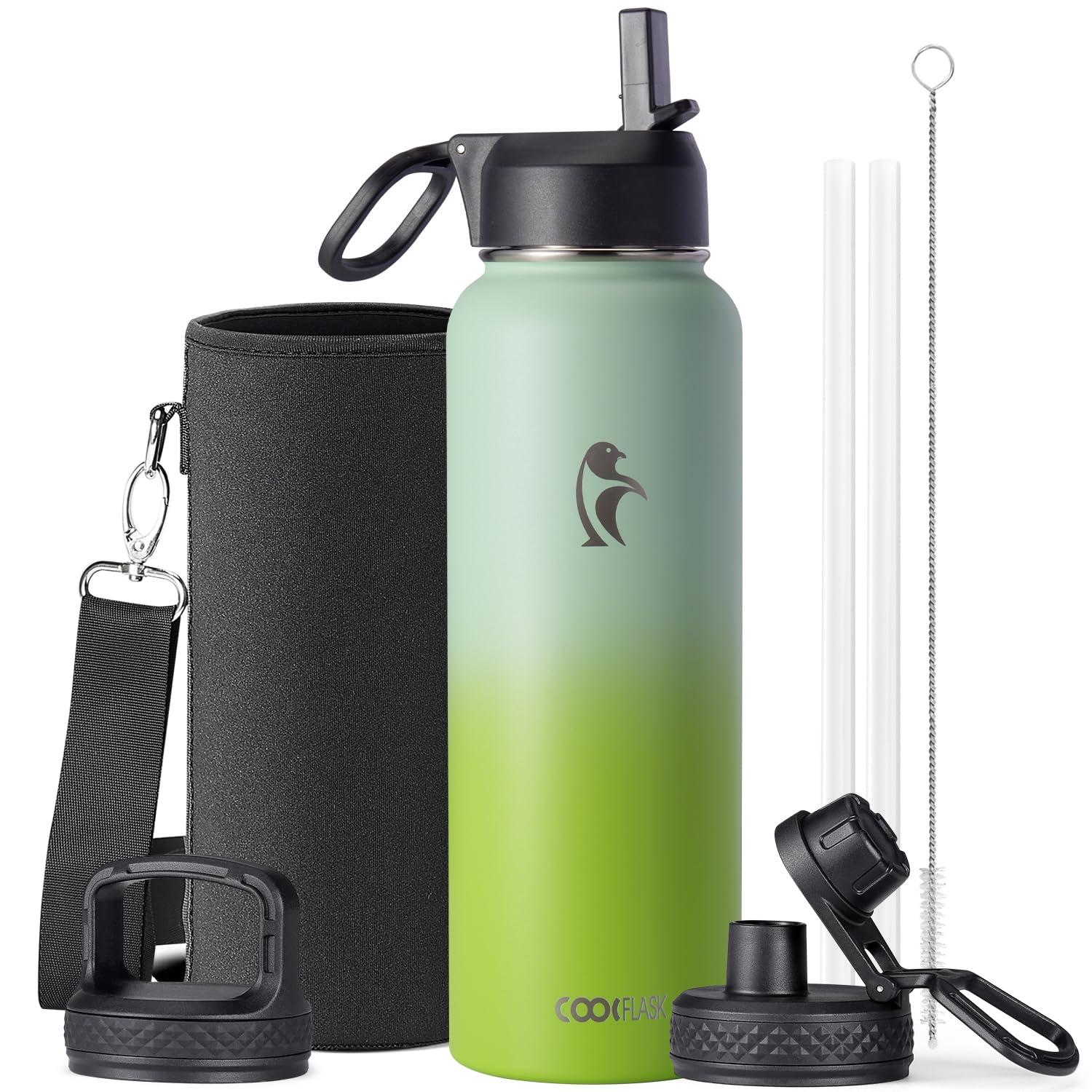 Water Bottle 1.2L Insulated with Straw&Brush, Coolflask Vaccum Stainless Steel Metal 3 Lids Water Flask for Sports, Gym or Office, Keep Cold 48H Hot 24H, Ombre Green