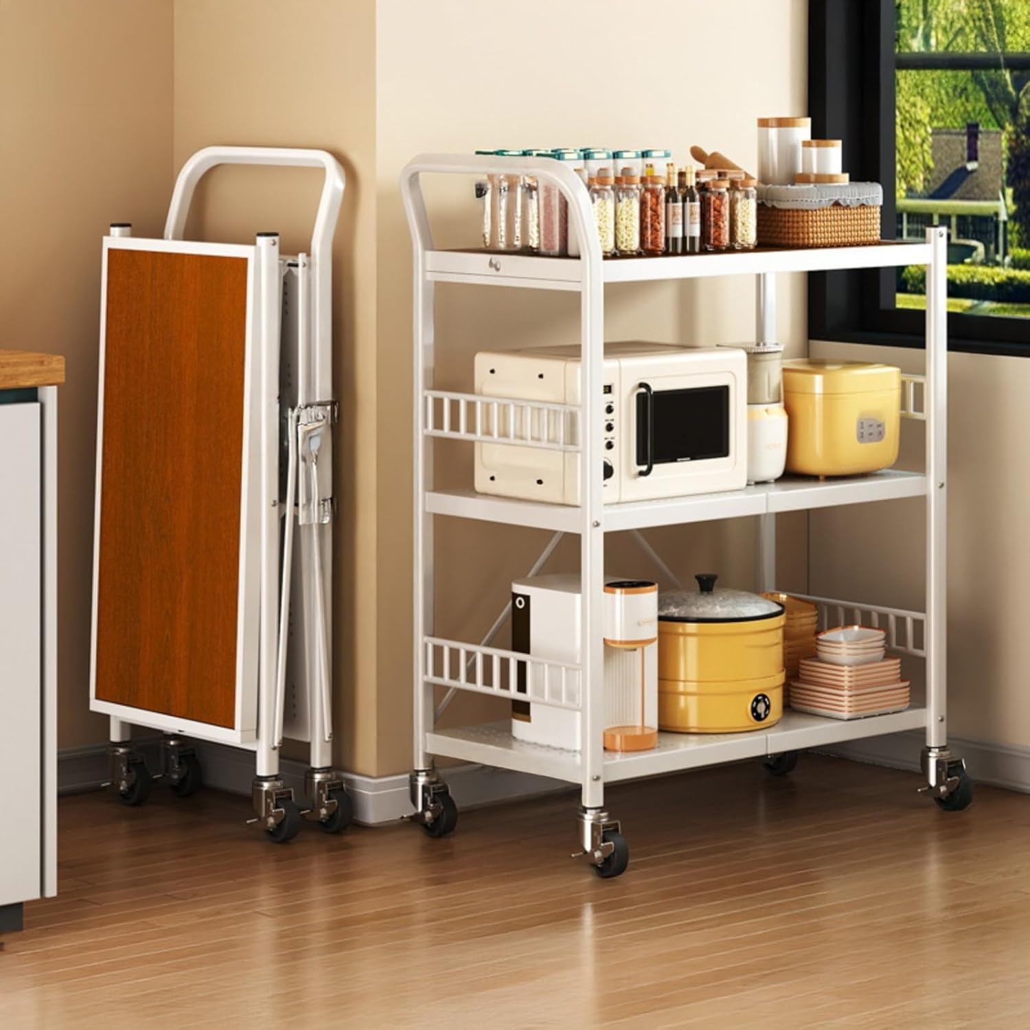 3-Tier Metal Folding Storage Rack with Wheels - Utility Cart Organizer for Snacks, Books, and Fruits - Versatile for Kitchen, Laundry Room, and Bathroom