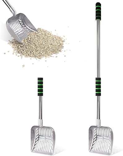 Cuchara de arena para gatos, cuchara de arena ajustable de metal de mango largo, cuchara de arena desmontable de acero inoxidable antiadherente con