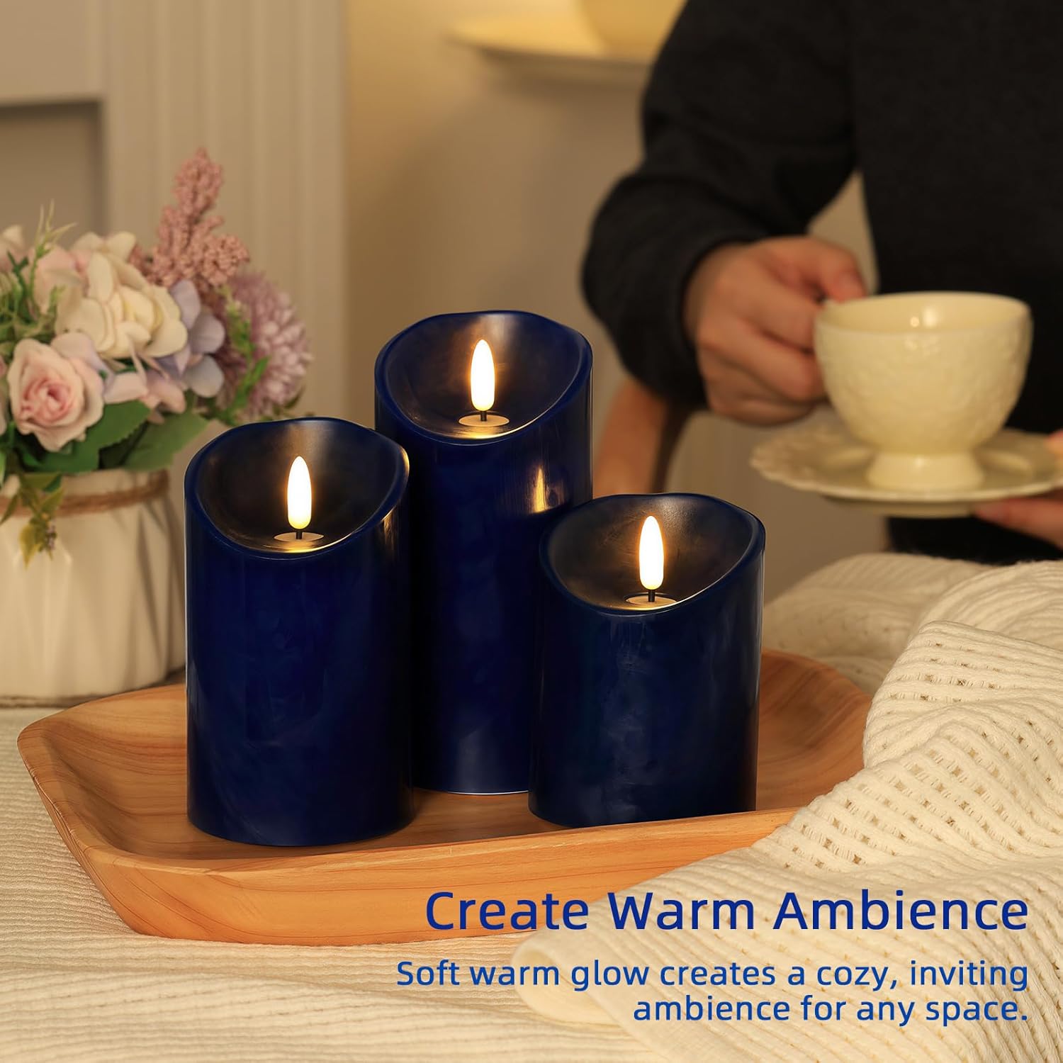 Blue Flameless Candles with Remote Timer, Real Wax LED Candles Flickering, 3D Wick Fake Candles Candles Battery Operated for Home Living Room Wedding Party Gifts, Navy Blue Decor, Set of 3