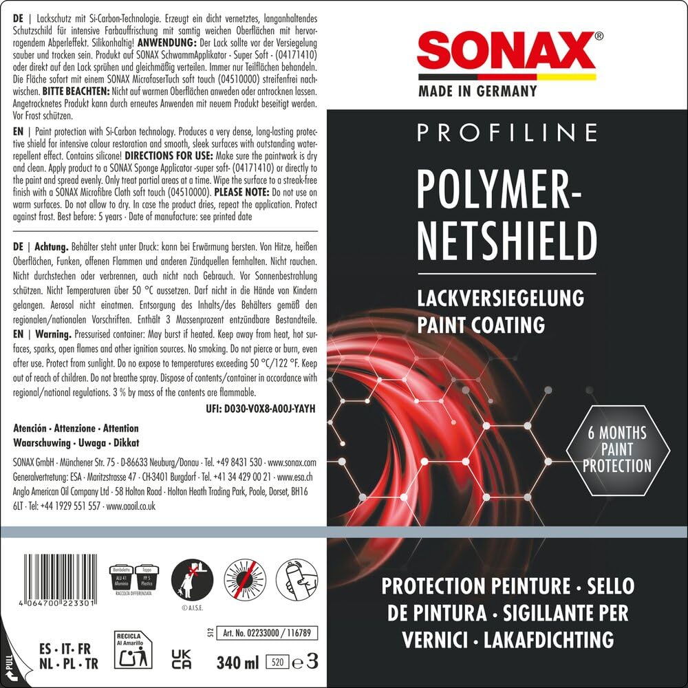 SONAX PROFILINE Sigillante polimerico (340 ml) sigillante lucidante auto con Tecnologia Net-Protection. Idrorepellente a lunga durata | Art. 02233000