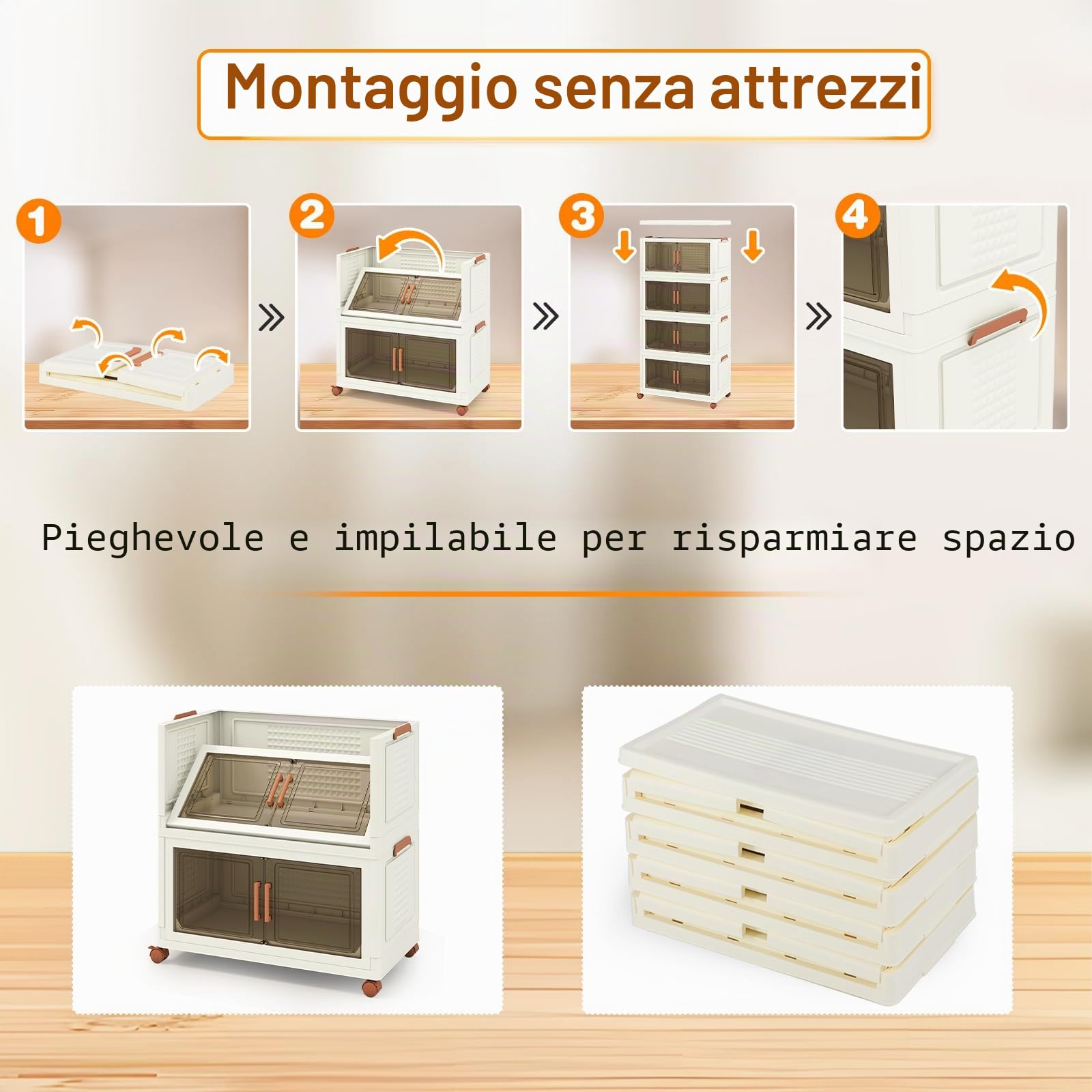 GIANTEX Contenitore di Archiviazione in Plastica, Organizzatore Impilabile con Coperchi e Porte, 4 Ruote, Scatole Organizzatore Pieghevoli per Soggiorno, Camera da Letto (62,5 x 34,5 x 130,5 cm)