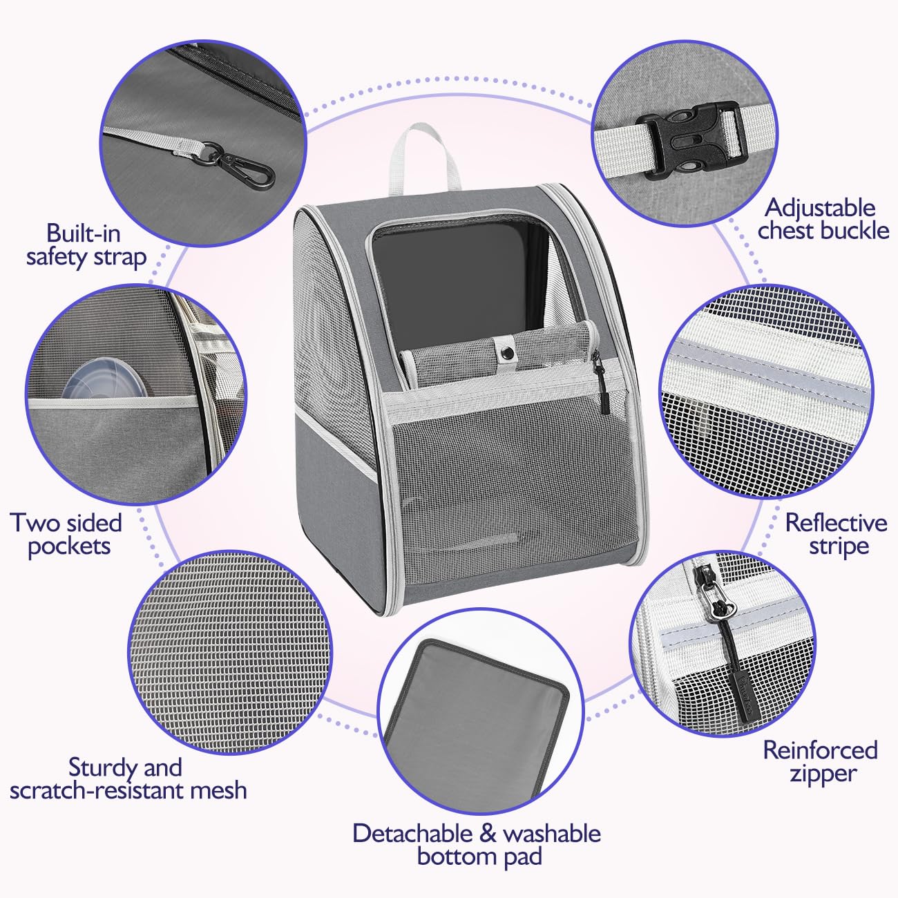 Pawaboo Mochila Portátil para Gatos y Perros, Mochila Transpirable para Mascotas con Cuerda de Seguridad Interior, Bolsa Transporte de Viaje para Gatos y Cachorros para Compras Viaje, Gris Oscuro