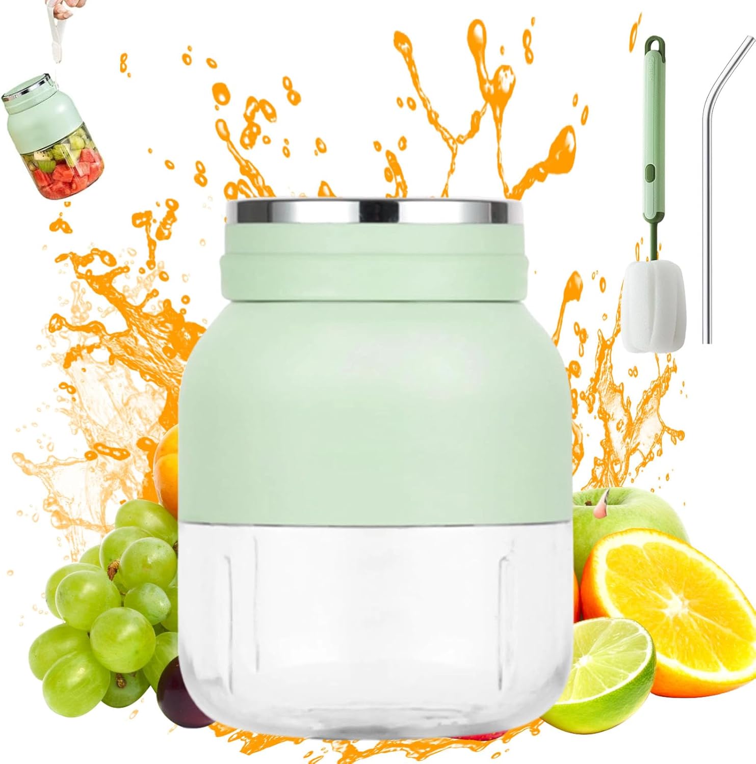 Blender Mini Japan, 28fl Oz Protable Hand Blender with Straw and Two Lids, Personal Size Juicer Blender for Smoothies Fruit, Quick Juicing, Easy to Use (Green)