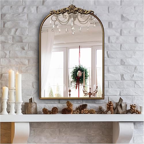 Miniatura 19 de Espejo de pared arqueado de oro antiguo, 36 x 28 pulgadas con marco de cuentas de metal, espejo decorativo para chimenea, dormitorio, sala de estar,
