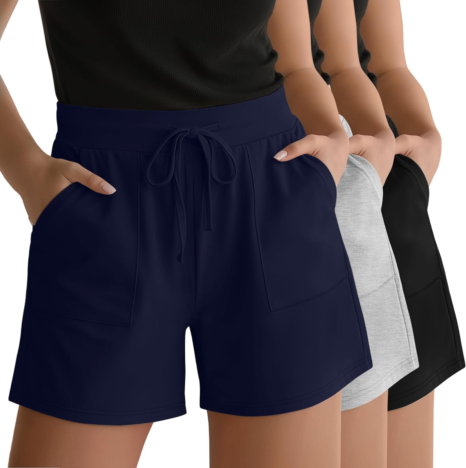 3 Pack Women's Plus Size Bermuda Shorts with Pockets High Waisted Drawstring Knee Length Casual Lounge Shorts