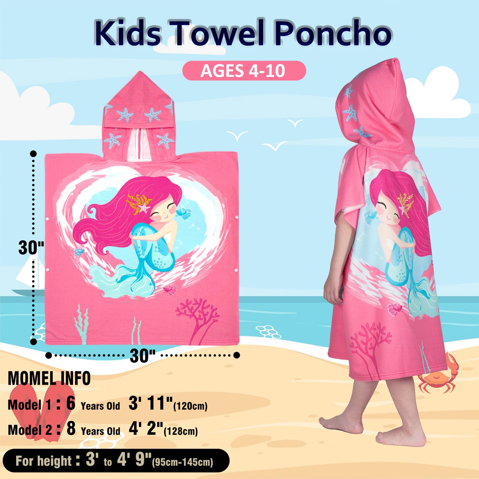 growell Toallas de playa con capucha para niños, toalla de baño para niños y niñas, para niños de 4 a 10 años, toallas de piscina para niños, toallas de piscina de secado rápido, poncho ligero de