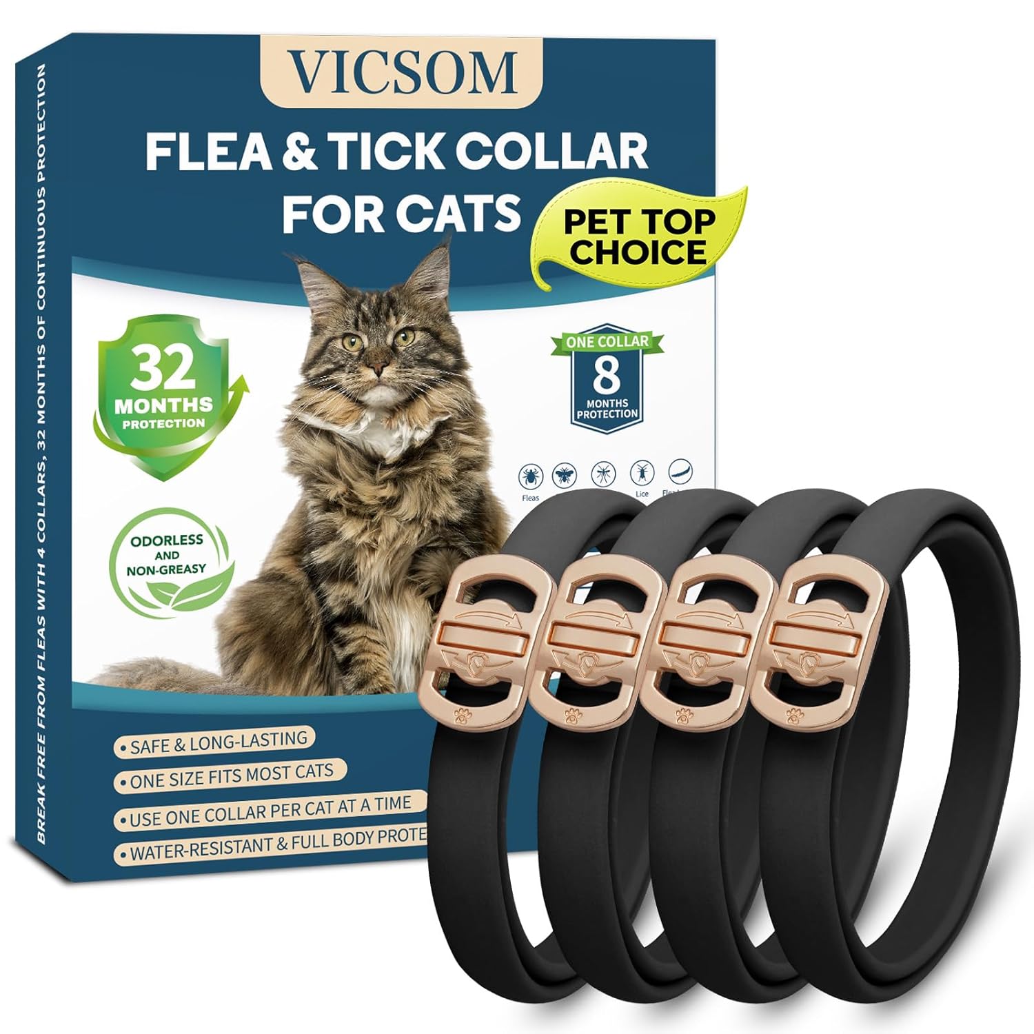Flea Collar for Cats 4 Pack, 32 Months Flea and Tick Prevention for Cats Collar, Waterproof Cat Flea Collar, Natural Cat Flea and Tick Treatment Collar, Adjustable Flea Collar...