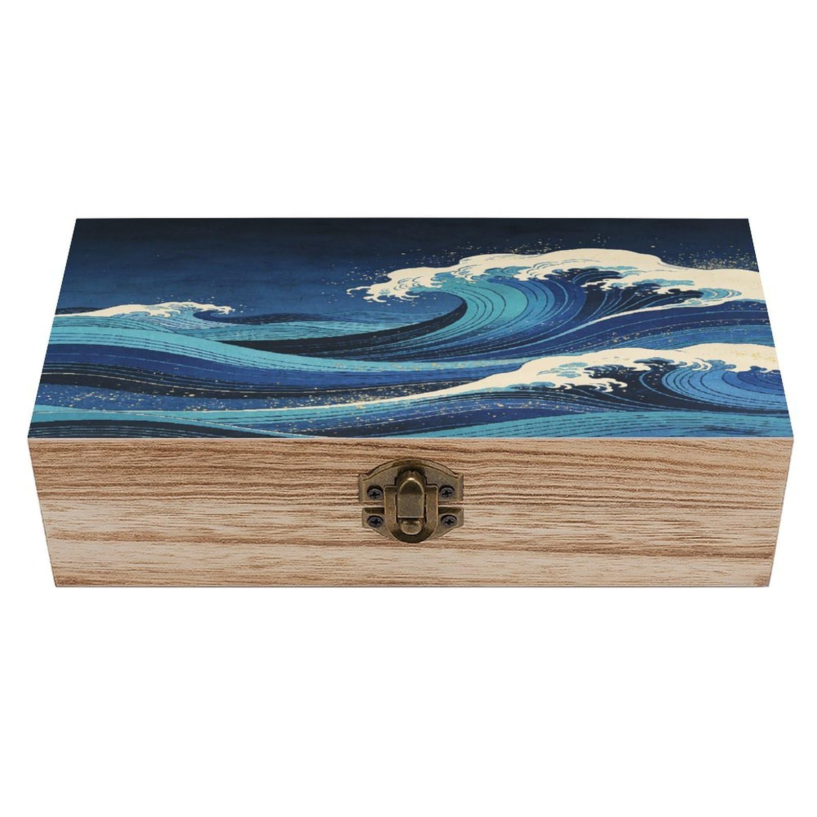 LZQPOEAS Japanese Art Wave Wooden Keepsake Box Wooden Storage Box Container with Hinged Lid Beautiful Wood Memory Box Decorative Jewelry Case for Crafts Art Hobbies & Trinket Storage