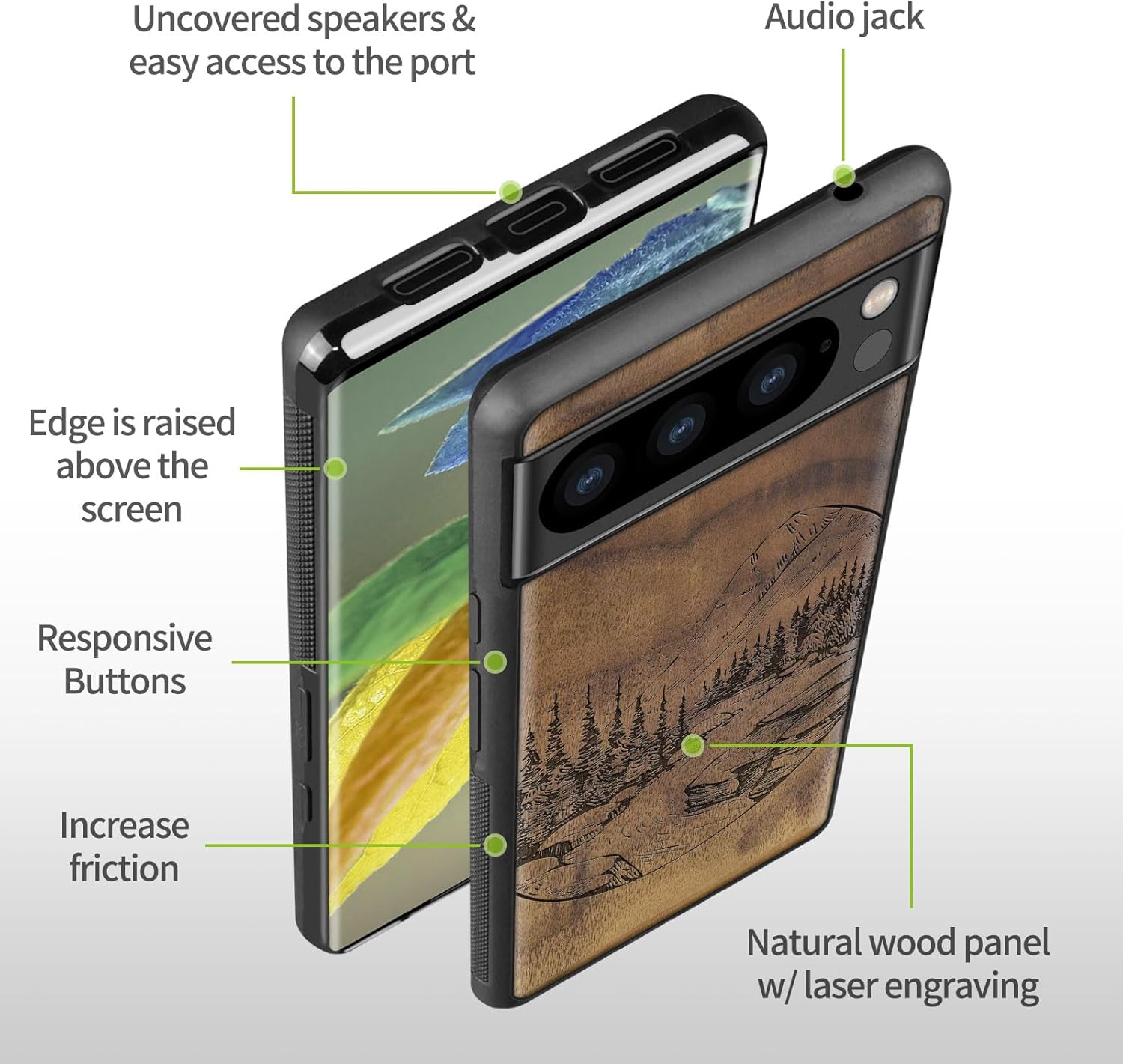 Carveit Wood Case for Pixel 8 Pro Case [Natural Wood & Black Soft TPU] Shockproof Protective Unique Wooden Cover Compatible with Google Pixel 8 Pro (Lake and Mountain-Walnut)