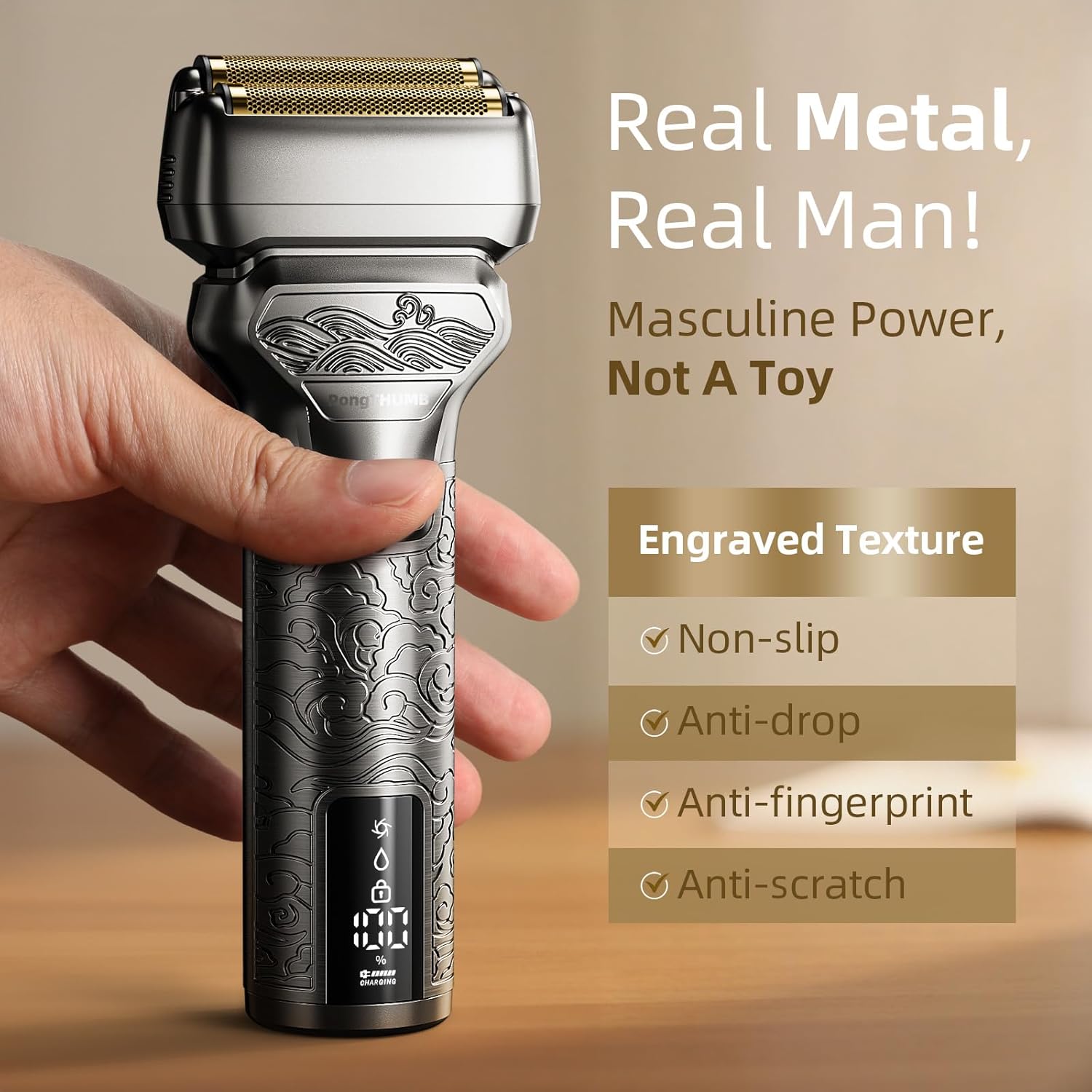 Electric Razor for Men with Pop-Up Trimmer: Rechargeable Cordless Foil Shaver for Face - Wet/Dry/Anti-Slip Waterproof Shavers with LED Display - Metal Handheld Design Light Gray - Image 2