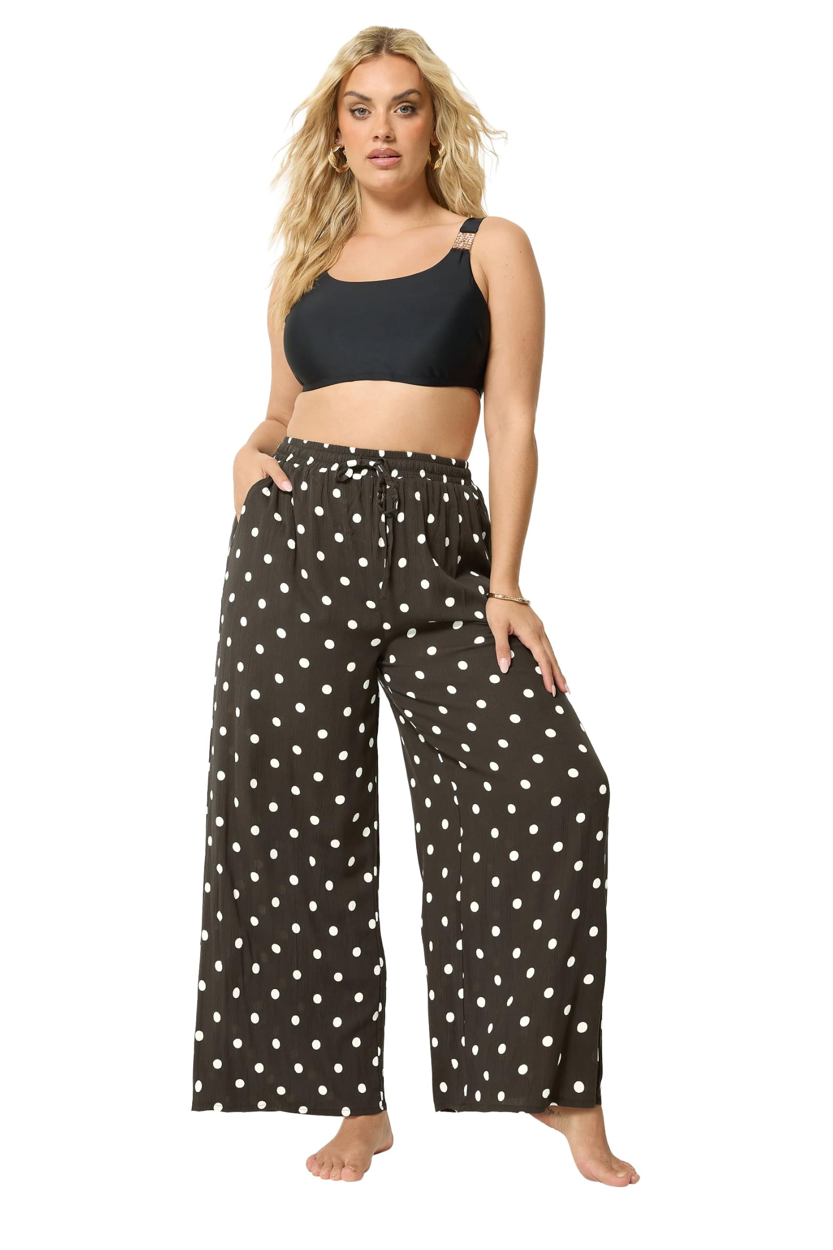 Yours Women's Polka Dot Crinkle Wide Leg Trousers in Chocolate | Size: 18-20