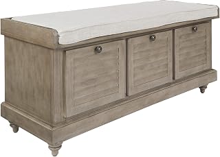 OSP Home Furnishings Dover Coastal Lift-Top Storage Bench with Shutter Face Styling, Antique Grey Finish with Off-White Linen Fabric Cushion