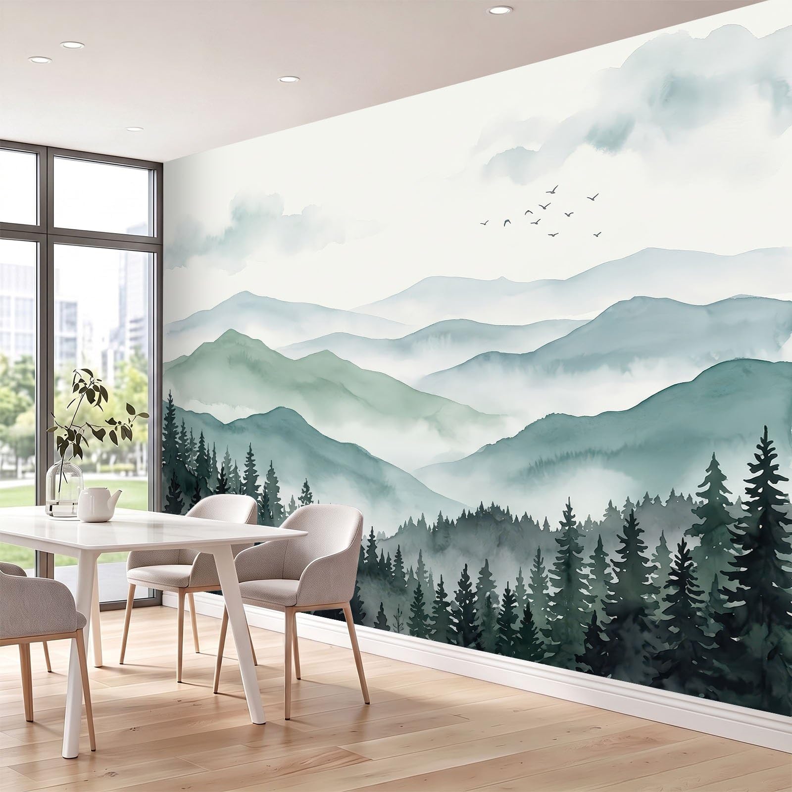 Panoramiczna tapeta 350 x 256 cm, tapeta z rustykalnym krajobrazem góry dżungla sosny ptaki, fototapeta z włókniny - dekoracja ścienna do salonu, sypialni, biura lub pokoju dziecięcego