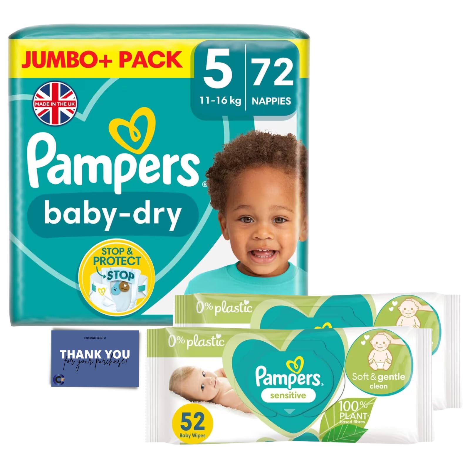 Pampers Baby Dry Size 5 Jumbo+ Pack 72 Nappies with 2 Packs of Pampers Sensitive Baby Wipes (0% Plastic, 52 Wipes Each)