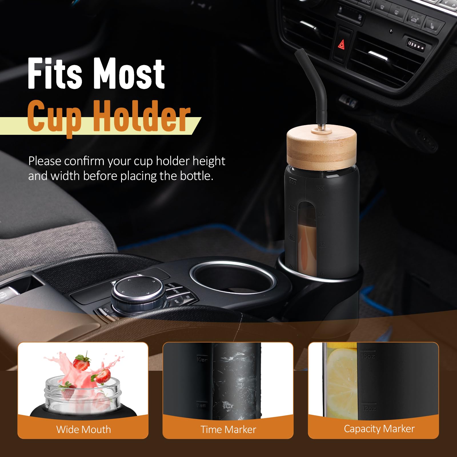 BLUEGO Borraccia in vetro da 600ml con cannuccia e 2 coperchi, tazza da caffè in vetro con custodia in silicone, senza BPA, Nero