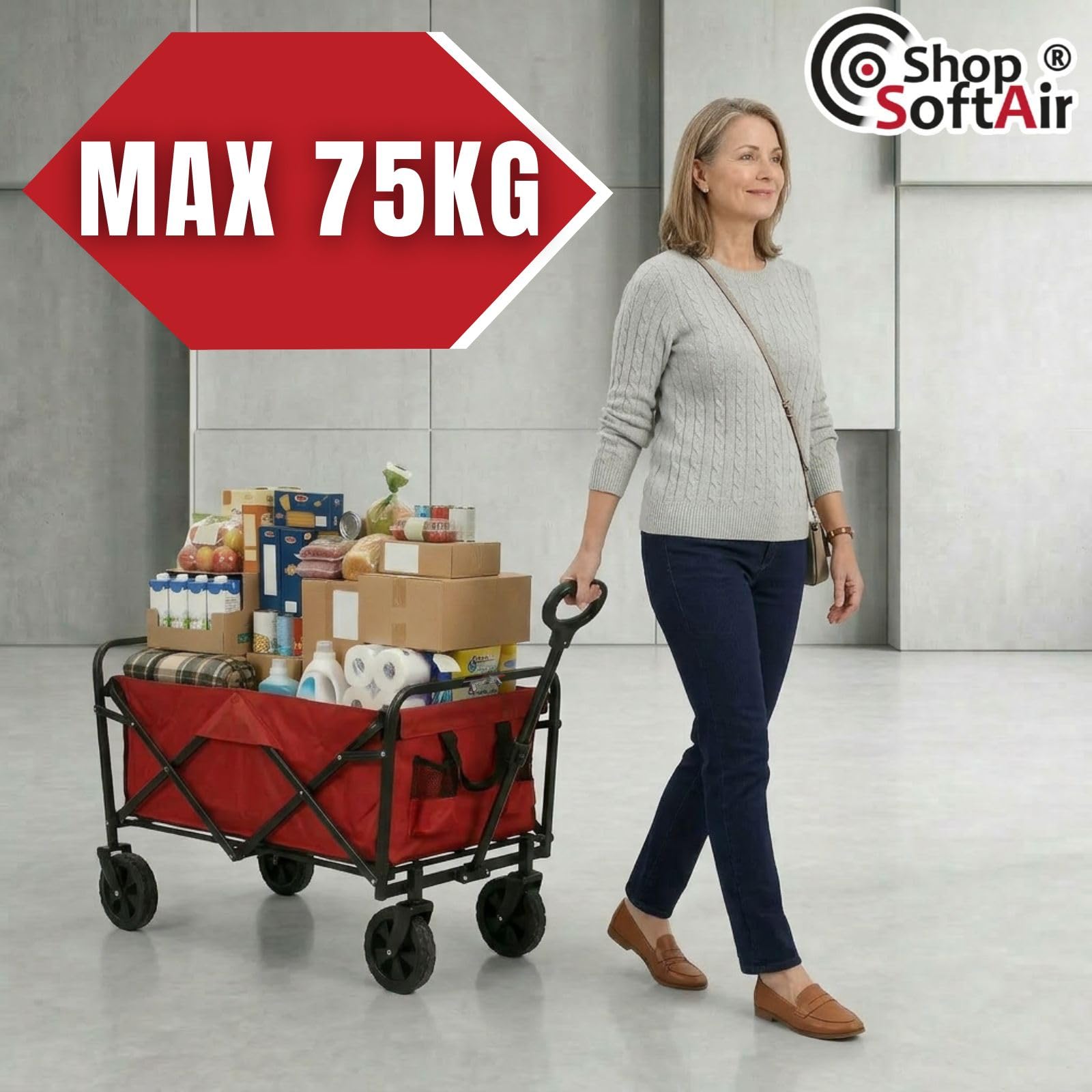 Carrello Pieghevole con Manico Retrattile, Tessuto Oxford, 43x78,5 cm, Portata 75 kg, Blu e Rosso, Perfetto per Campeggio, Giardinaggio e Gite in famiglia (Rosso)