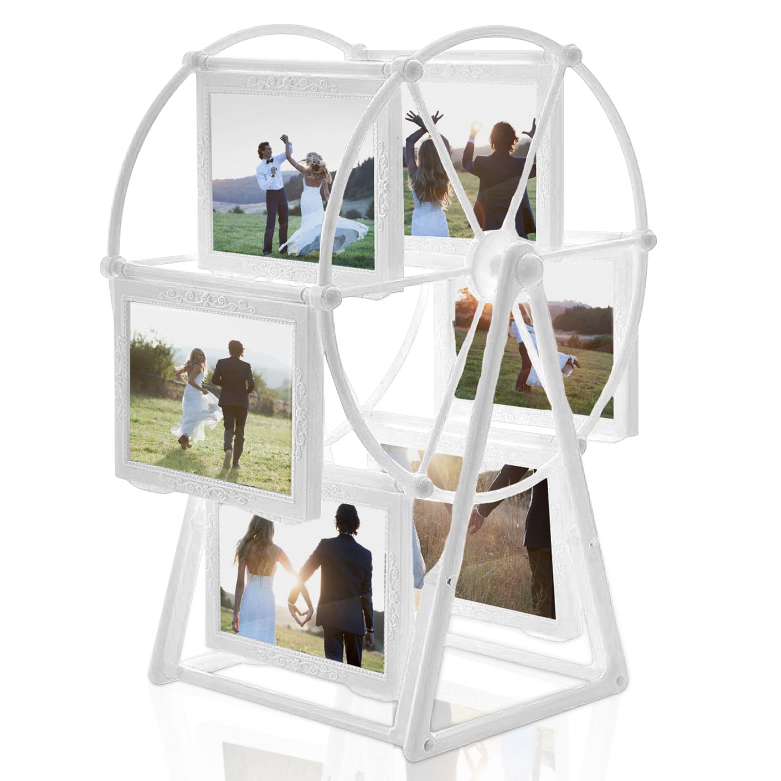 Cinghia Weiß Embossed Ferris Wheel Photo Frame, White Vintage Rotating Photo Frame For 12 Photos, Diy Photo Frame For Home Decoration Table Photo Frame Size 6