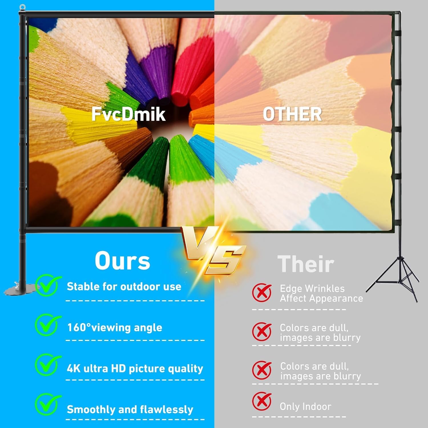 150 Zoll Projektor-Leinwand mit Ständer, 16:9 4K HD tragbare Outdoor-Filmleinwand, faltenfrei, faltbar, Innenprojektionsleinwand mit Tragetasche & Bodennägeln für Hinterhofkino Heimkino