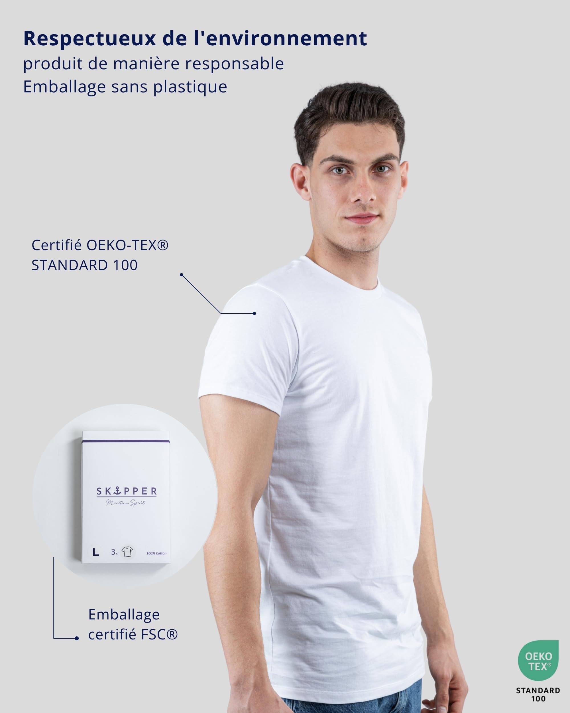 SKIPPER Lot de 3 T-Shirts Homme Col Rond Blanc – 100% Coton, Doux & Confortables – Style Simple pour Tous Les Jours – S–3XL
