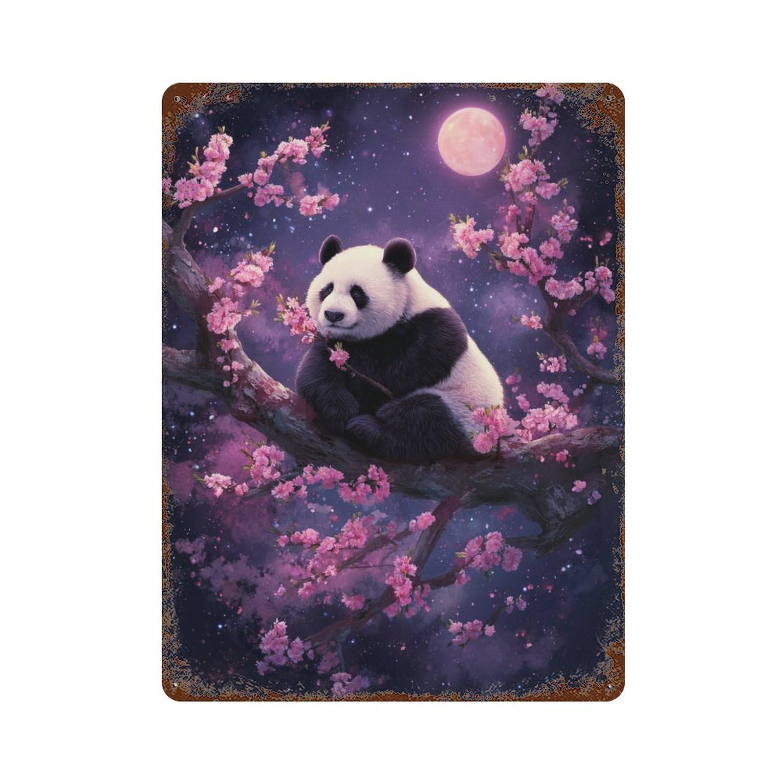 Panda Moonlit Blossom Vintage Rust Metal Sign 15.7"x11.8", Ideal for Bistro, Counter And Cafe Decor