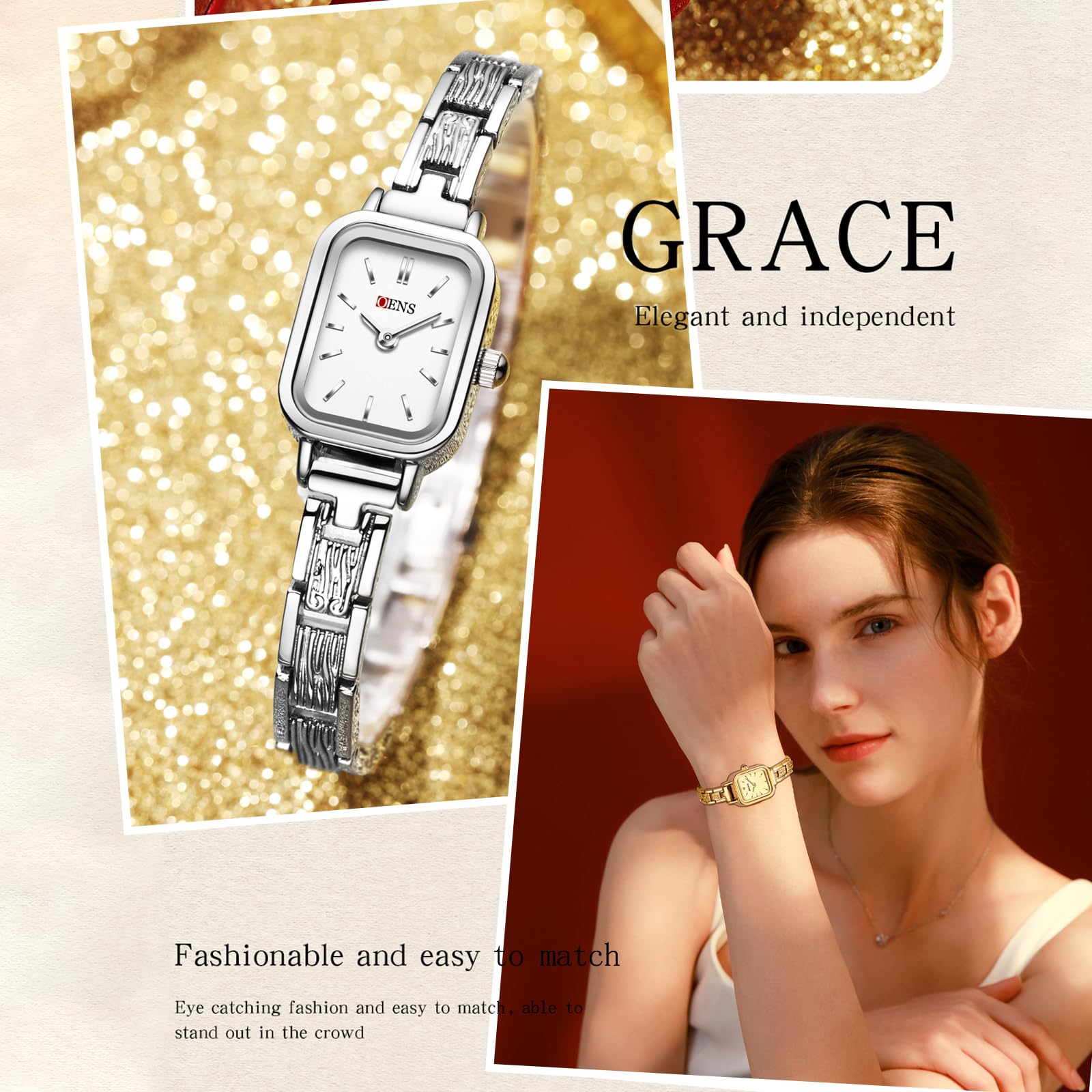 findtime Relojes dorados y plateados para mujer, reloj de pulsera para mujer