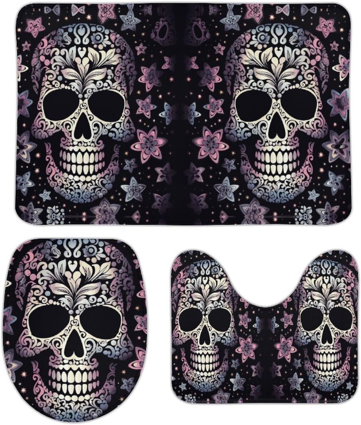 Anti-Skid Floor Mats 3 Piece Set,Cool Skull Printed Coral Fleece Bathroom Mats U-Shaped Contour Mat Toilet Seat Cover for Bathroom, Tub, Shower, Kitchen 19.7"x31.5"