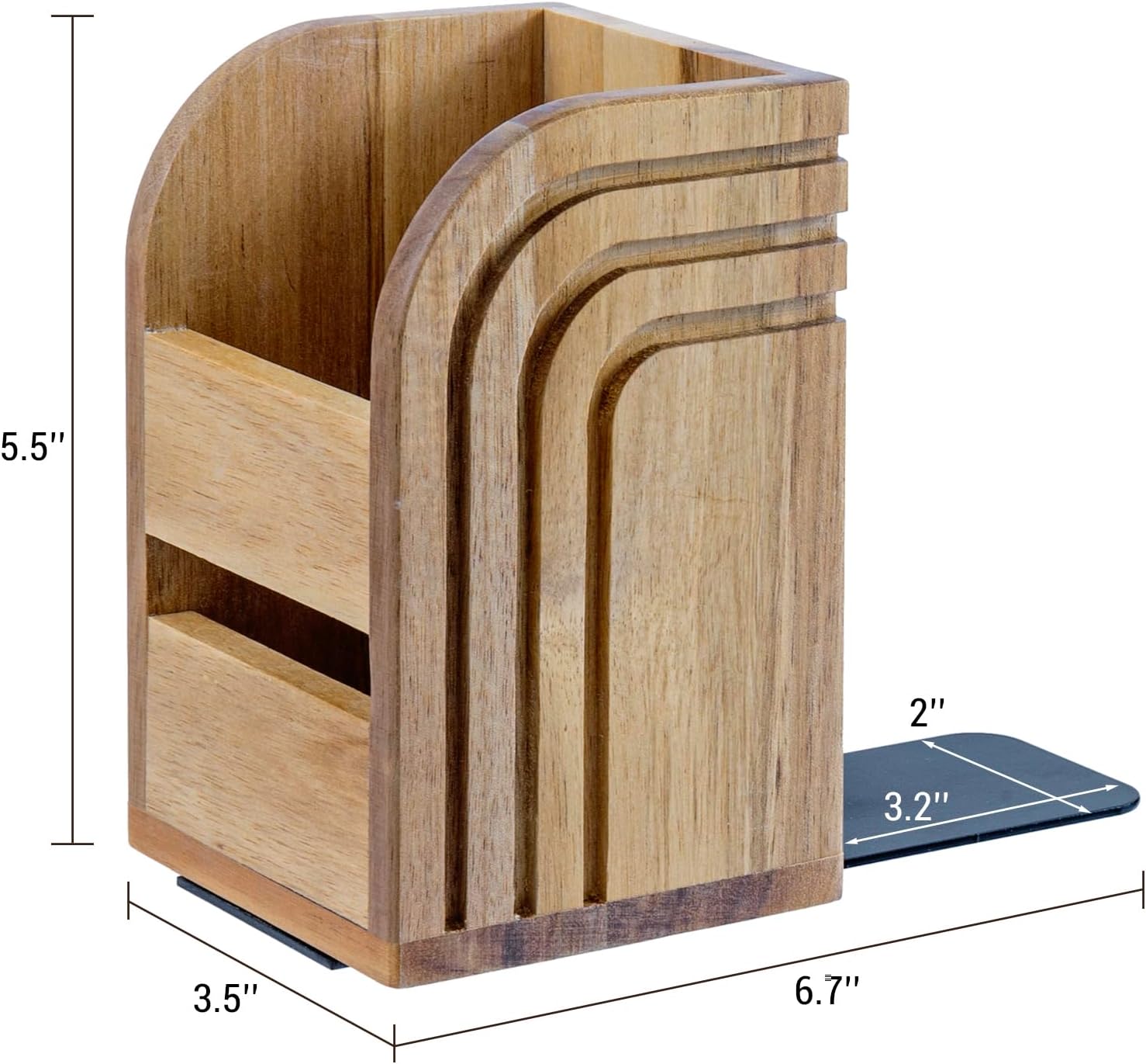MyGift Premium Acacia Solid Wood Bookends and Pencil Holders with Modern Etched Arch Design, Office Desk Book Ends with Natural Wooden Art Deco Pen Cups, 1 Pair