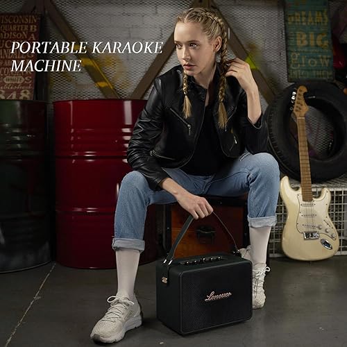 Miniatura 2 de 18000mAh recargable 120W bajo alto retro portátil máquina de karaoke altavoz Bluetooth con 2 micrófonos inalámbricos, entrada de guitarra AUX para