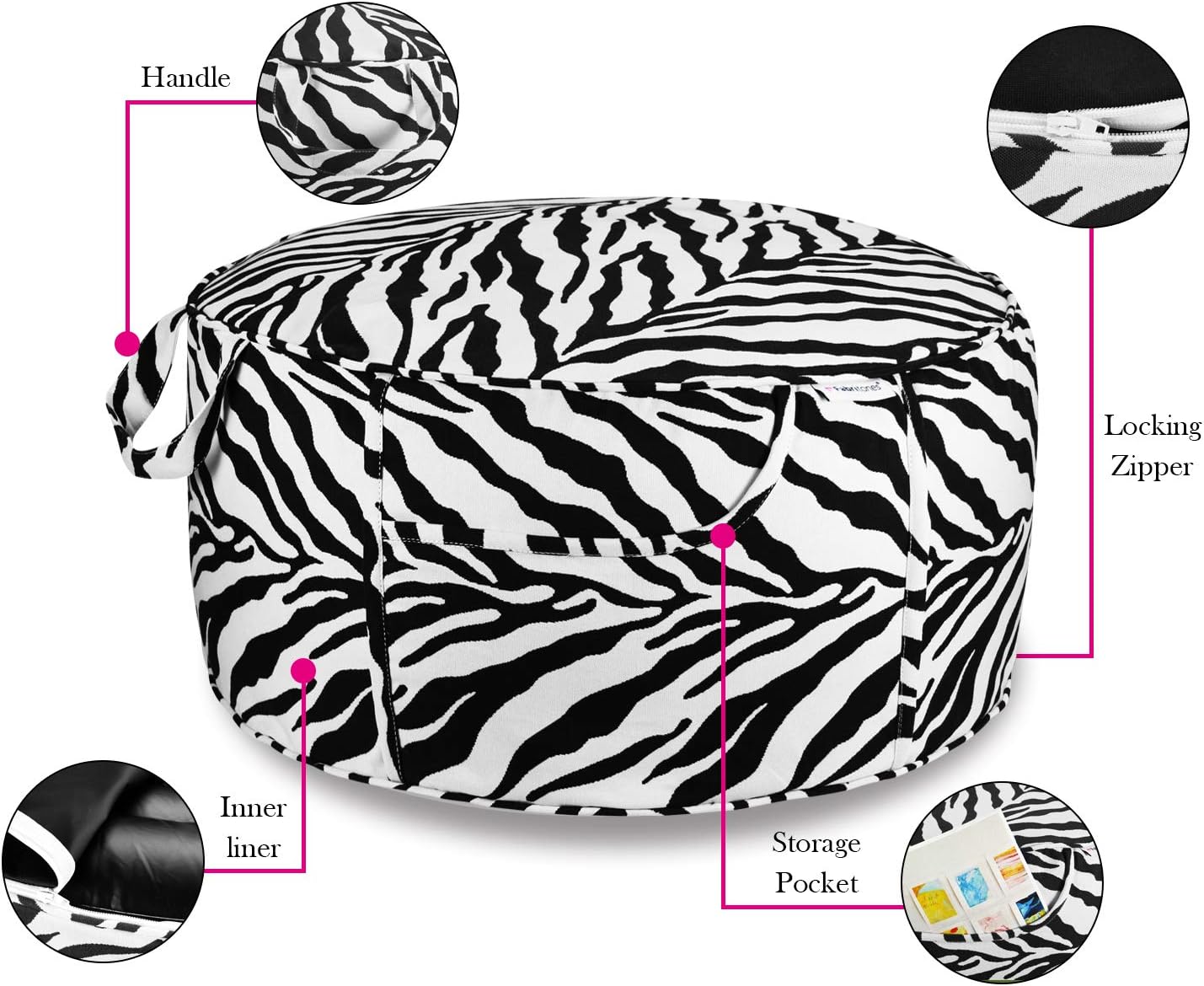 Outdoor Inflatable Ottoman Black Round 21x9 Inch Zebra Pattern Patio Foot Stools and Ottomans Portable Footrest
