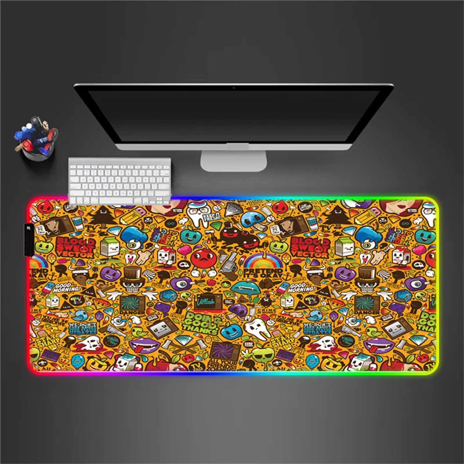 Tappetino per Mouse RGB Graffiti Grande Tappetino per Mouse da Gioco LED con 14 Modalità di Illuminazione Tappetino Antiscivolo per Laptop Ufficio e Scrivania 900x400x4mm
