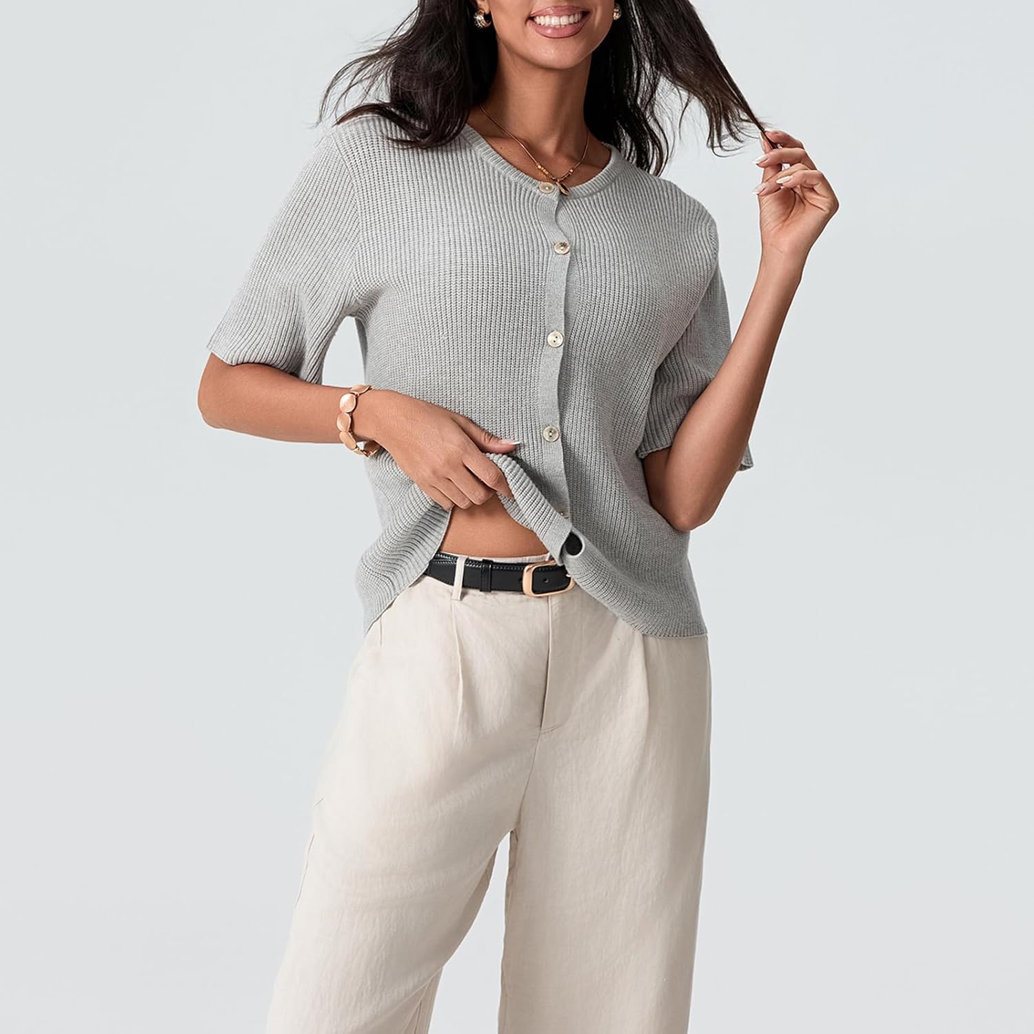 Women Knit Crop Cardigans Y2k Button Open Front Short Sleeve Crew Neck Shrugs Solid Sweater Fall Streetwear Tops - Image 3