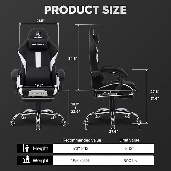 GTPLAYER Fabric Gaming Chair, Ergonomic Computer Chair with Footrest Lumbar Support Heavy Duty High Back Adjustable Height Svivel Office Desk Chairs (White)