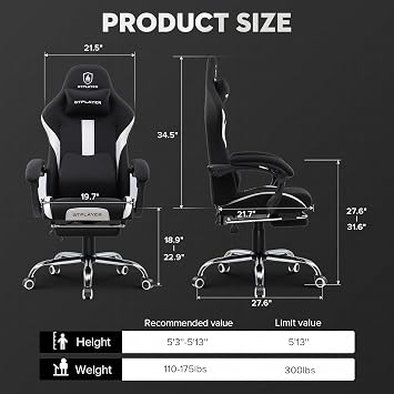 GTPLAYER Fabric Gaming Chair, Ergonomic Computer Chair with Footrest Lumbar Support Heavy Duty High Back Adjustable Height Svivel Office Desk Chairs (White)