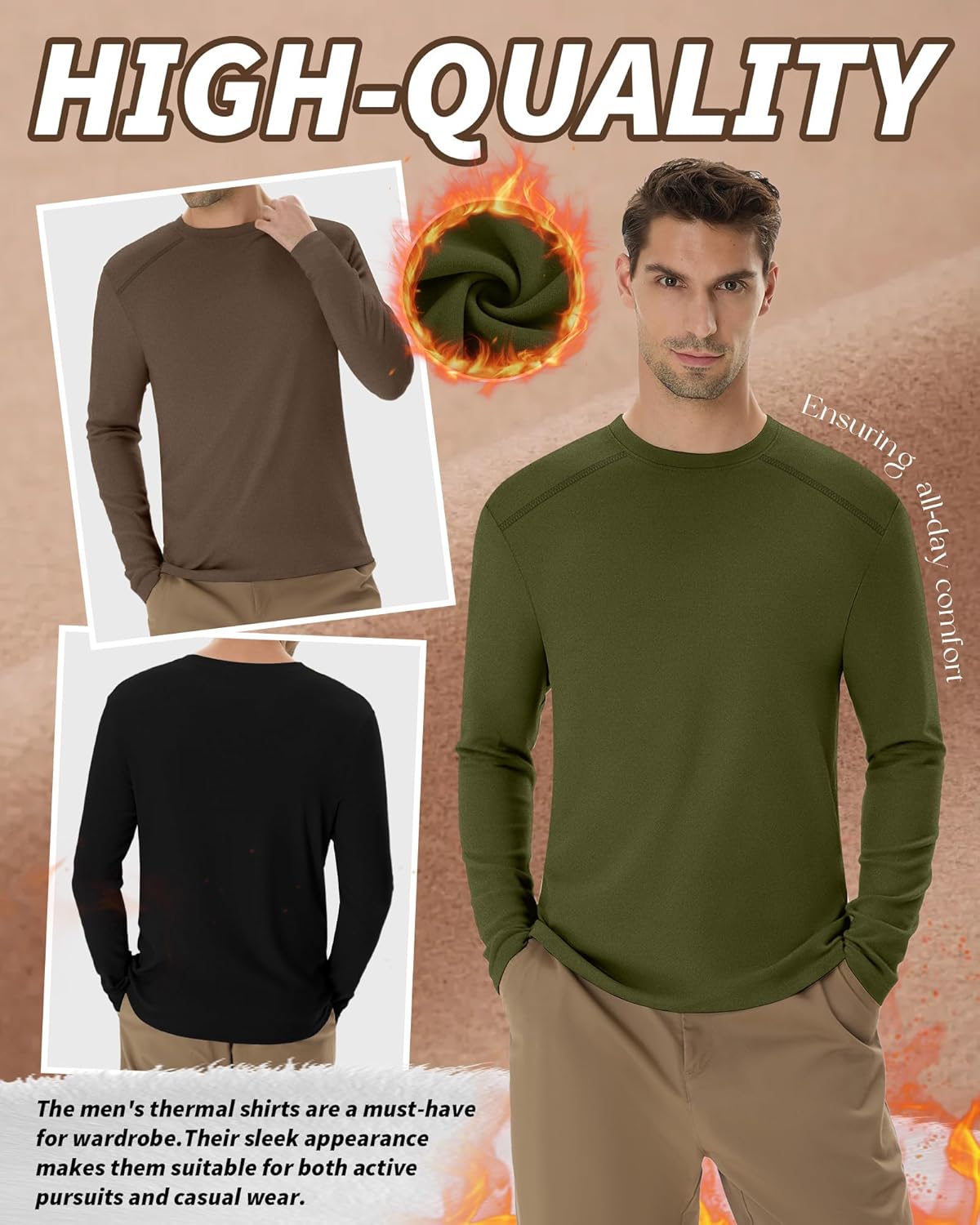 3 Pack Men's Big and Tall Thermal Shirts, Fleece Lined Long Sleeve Tees Warm Crew Neck Undershirt Tops - Image 5