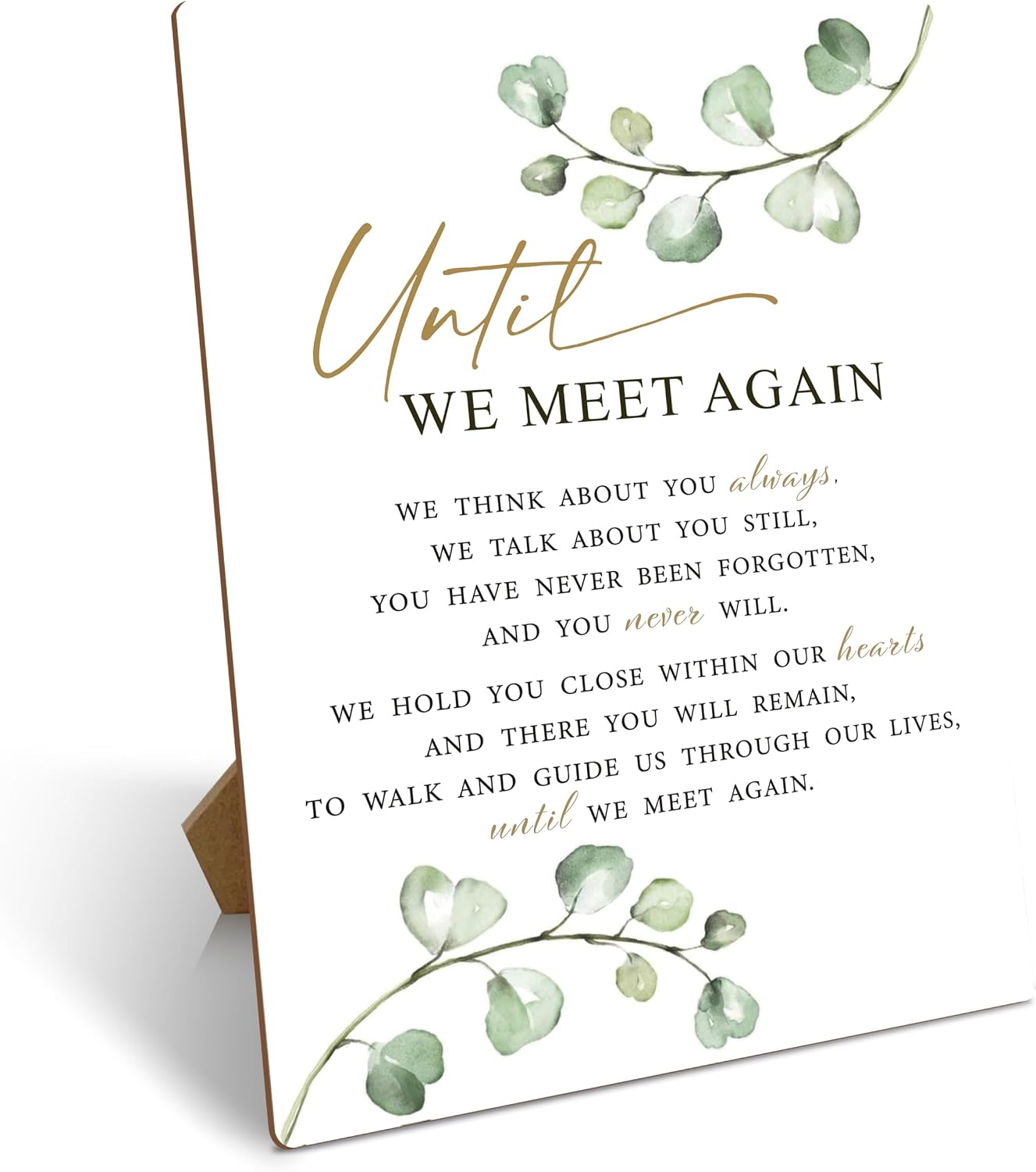 Wedding Memorial Sign, Wedding Party Supplies For Reception, Until We Meet Again Wedding Sign With Stand, Gold Foil Greenery Wooden Tabletop Decor For Wedding, Funeral Sympathy Remembrance Gifts, 02