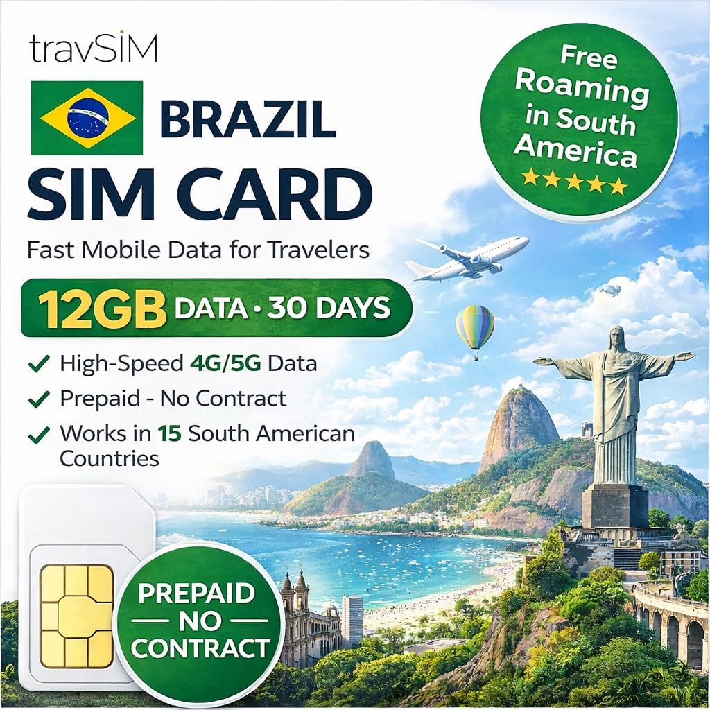 travSIM Brazil SIM Card | 12GB Mobile Data at 4G/5G speeds | Free Roaming in South America | Works on iOS and Android Devices | Plan on Brazil SIM Card Prepaid is Valid for 30 Days