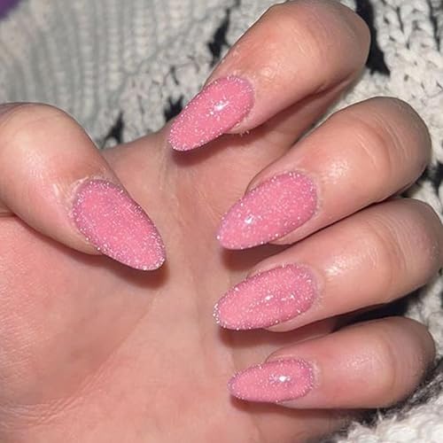 Miniatura 5 de GLAMERMAID Uñas postizas a presión de almendra medianas, hechas a mano con purpurina plateada con esmalte de uñas rosa claro, pegamento en las uñas,