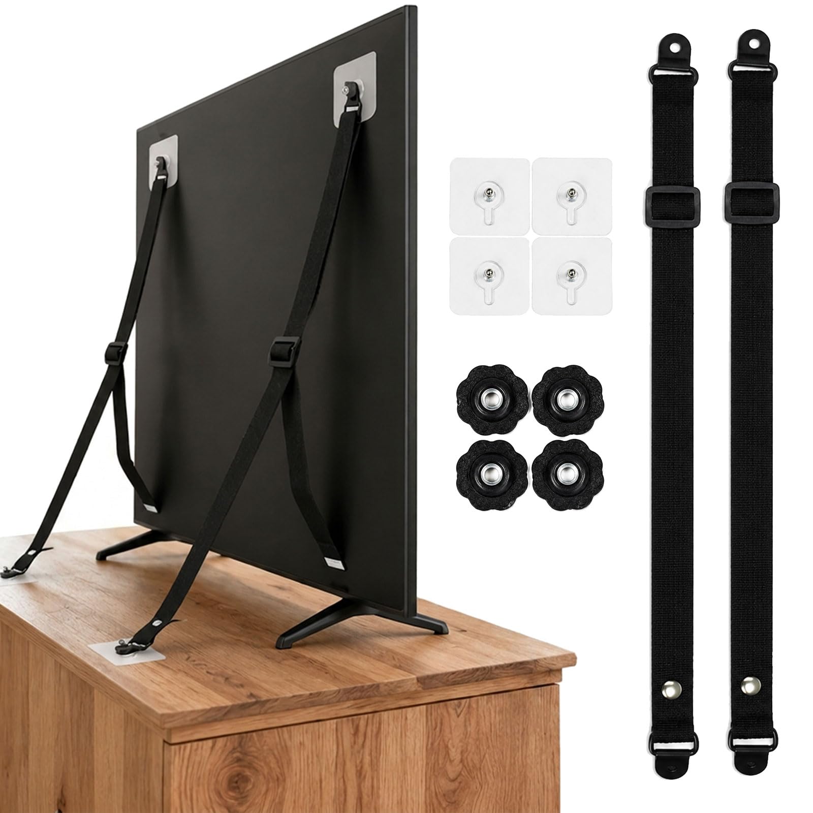 2 Pack TV Safety Straps Anti Tip, No-Drill Adjustable Furniture Anchors for Baby Proofing, TV Straps Child Safety Wall Anchor, Anti-Tip Strap for Flat Screen TV Cabinet Dresser, 10-100cm, Black