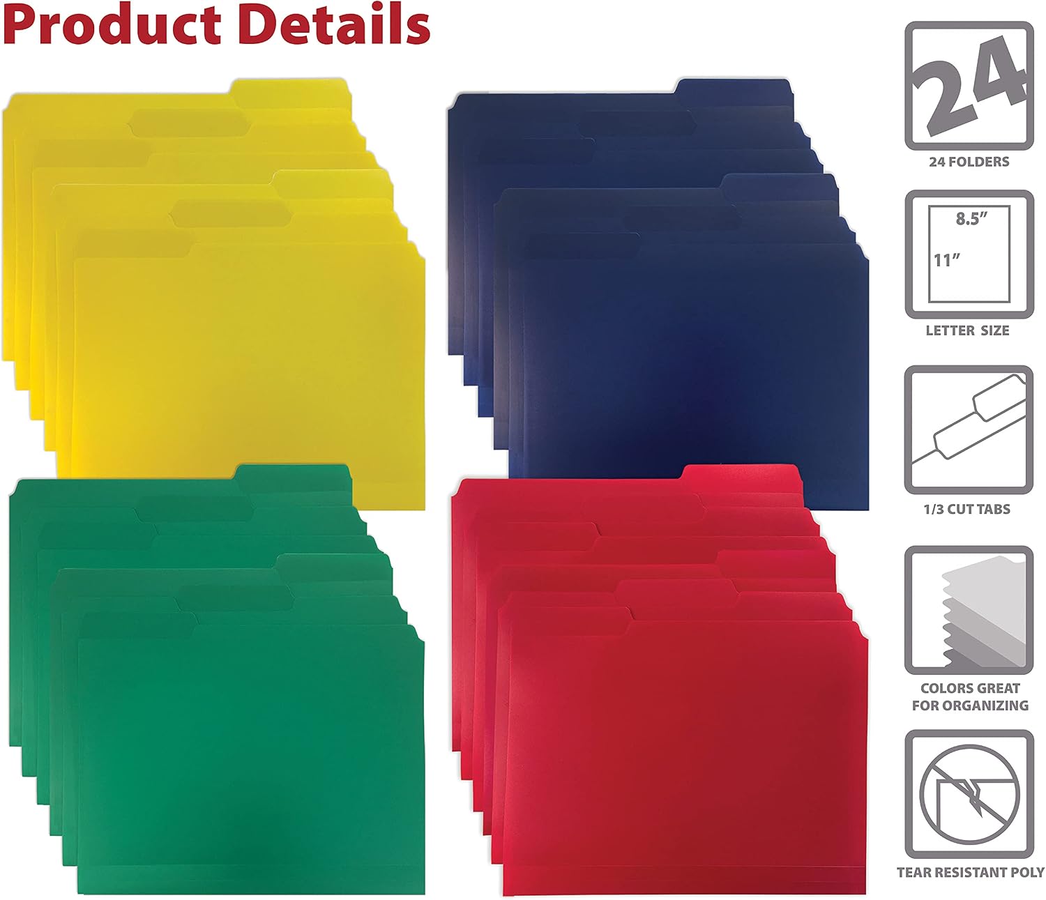 Heavyweight Poly File Folders, 1/3 Cut, Top Tab, 24 Per Box, by Better Office Products, Letter Size, Assorted Colors-Red, Blue, Yellow Green, 24 per Box