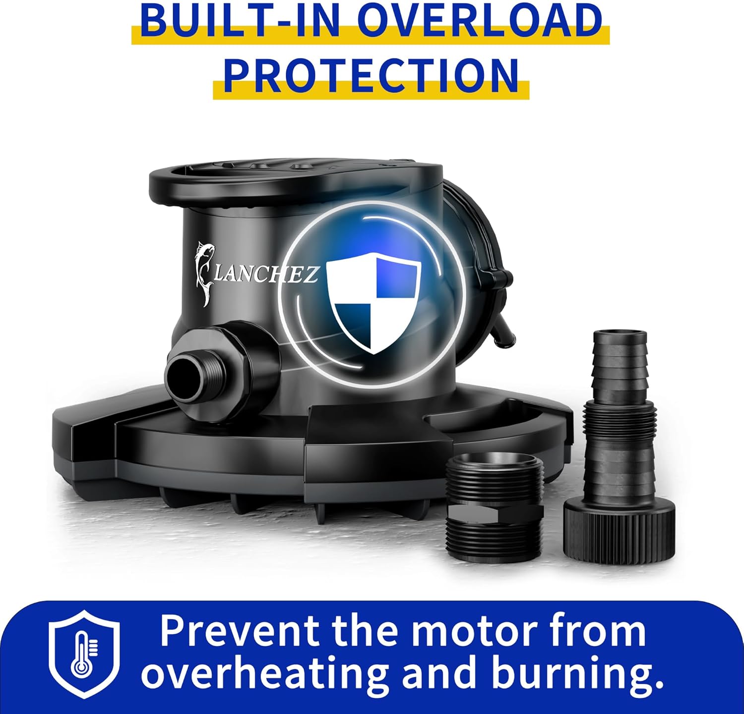 LANCHEZ 1/2HP Automatic Pool Cover Pump, 2250GPH Submersible Water Sump Pump with Check Valve & 3 Adapters, 25ft Power Cord, Removal for Swimming Pool, Hot Tubs, Rooftops and more,Black