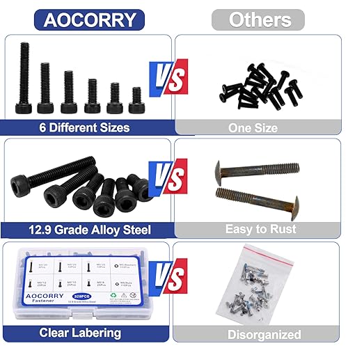 Miniatura 5 de Kit surtido de tornillos y arandelas, 328 tornillos de cabeza hueca, juego de tornillos, acero de aleación de grado 12.9 métrico, Allen, cabeza